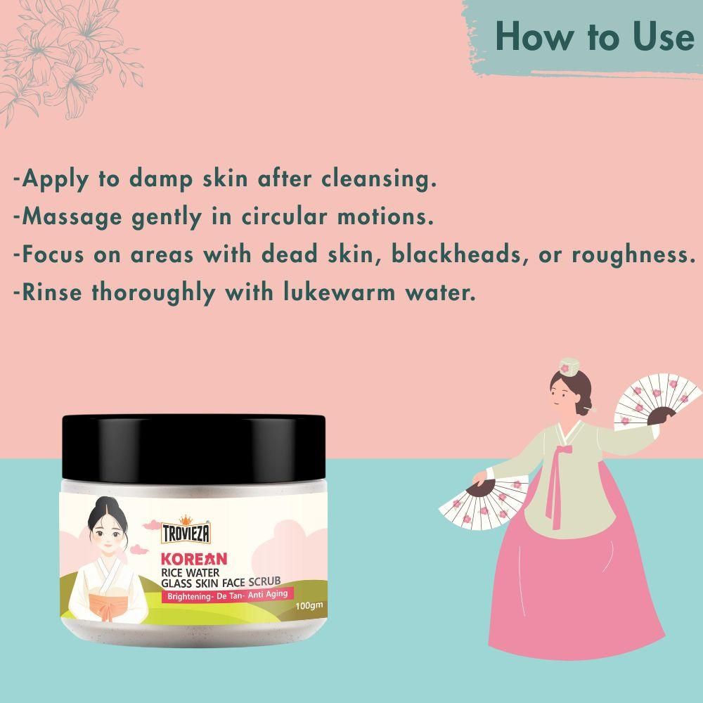 Trovieza Korean Rice water Glass Skin Face Scrub for Brightening skin, de tan & anti aging, for face & Body, Exfoliating, cleans pores, Moisturizing, 100gm