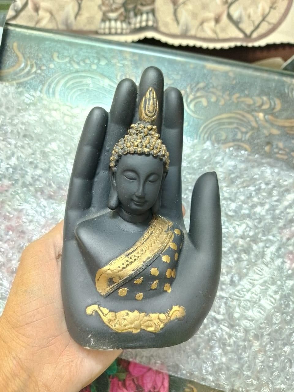 Black-Golden Handcrafted Meditating Palm Buddha Idol
